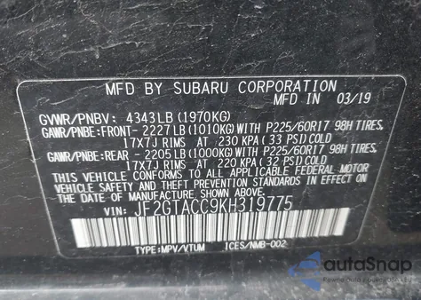 2019 Subaru Crosstrek 2.0I Premium from USA, damaged, VIN JF2GTACC9KH319775